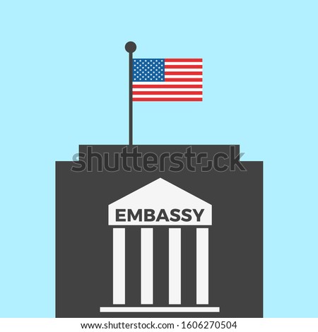 US embassy of United states of America - official office of American ambassador and delegate in foreign country. International diplomacy and diplomatic represent. vector illustration.