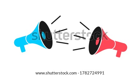 Two megaphones, speakers, loud speakers and loudspeaker are competing against each other - clash, conflict, battle, fight and duel. Vector illustration isolated on white.
