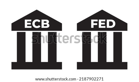 FED and ECB. European central bank and Federal reserve bank - classicist building with text. Central bank and national financial institution in USA and European union. Vector illustration.