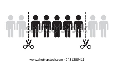 Group and collective of people is reduced and cut by scissors. Layoff, dismissal, redundancy, downsizing and suspension of superfluous and redundant man. Vector illustration isolated on white.