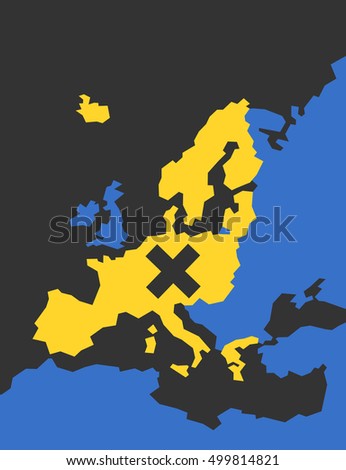 Map of Schengen area. Cross as metaphor of cancelling of shared territory of European Union and other states. Restoring of borders between countries