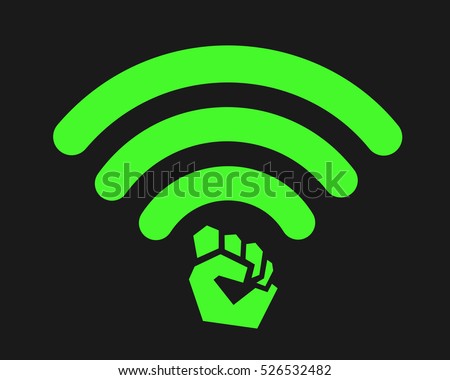 METAPHOR MEANING: Modified symbol of wi-fi signal with raised fist as metaphor of internet activism - hacking, revolution through modern social media, web with leaked content