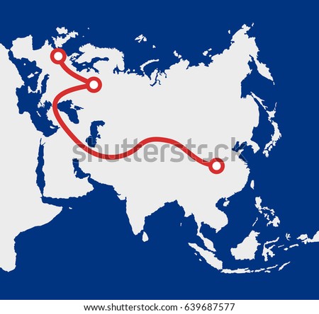 The new silk road - connection and transportation between China and Europe. Map of Eurasia with marked trade infrastructure of road and railway for transit and shipping