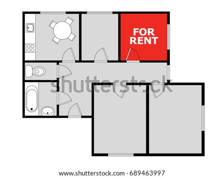 Flatsharing - plan of flat with marked free room as advertising to share housing, living and staying at apartment. Vacant bedroom is free for accommodation of tenant and flatmate / roommate