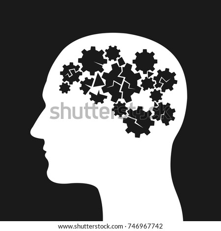 Head with broken cogwheels as damage of brain - mental disorder, disease and illness (alzheimer, personality disintegration, psychosis, psychopath, dementia, behavioral problem and trouble 