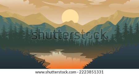 Silhouette of nature landscape. Mountains, forest in background