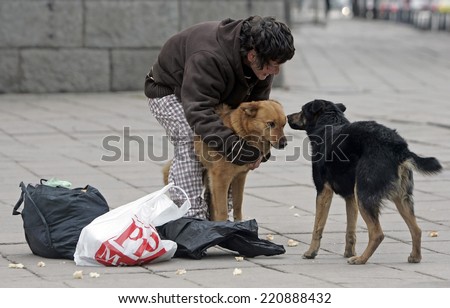Sofia, Bulgaria - April 10, 2012: A homeless woman is feeding ownerless dogs at the main street of Bulgaria's capital Sofia.