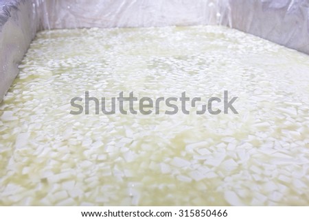 A buffalo white Bulgarian cheese batch in a tank in a small family creamery. The dairy farm is specialized in buffalo yoghurt and cheese production.