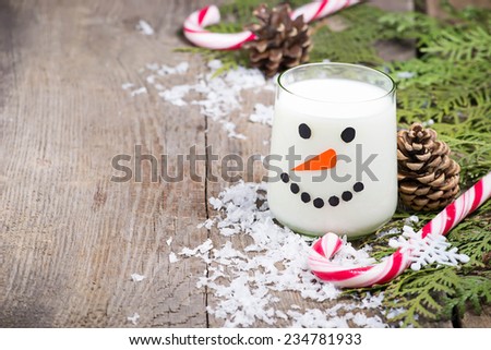 Christmas milk for Santa in glass look like snowman. Space for text