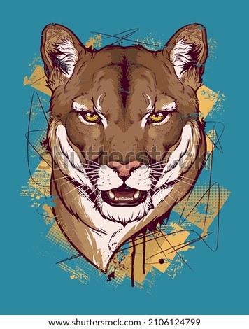 Cougar head on the abstract background. Digital ink vector drawing. 