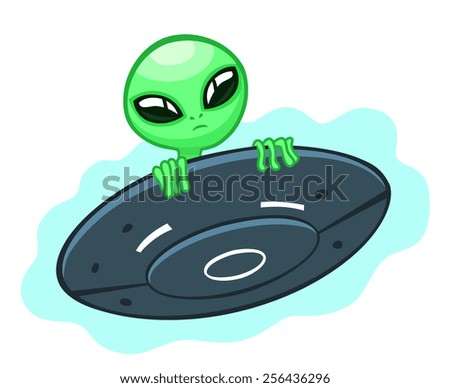 Cartoon alien looks out of a flying saucer.