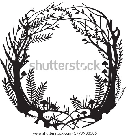 
vector black and white illustration. round frame magic forest, mysticism, fairy forest with trees, herbs and mushrooms. design for halloween, fairy tales, postcards. vignette for text. silhouette
