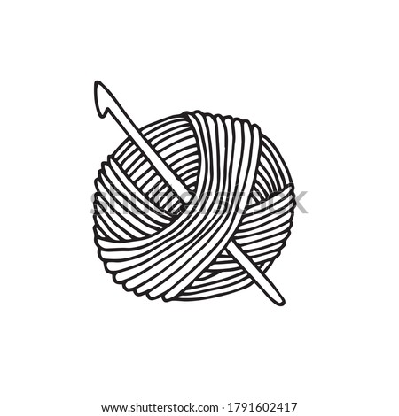 
vector illustration in doodle style. a ball of thread and a crochet hook. crochet, knitting, homework, needlework logo. skein of woolen thread isolated on white background