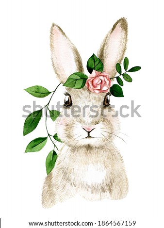 
cute watercolor illustration with easter bunny. realistic drawing of a rabbit, hare with spring flowers. symbol of Easter, spring. cute drawing for kids. decoration for postcards, clip art