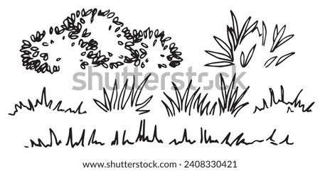 set of bushes, grass and lawn, hand drawing, frontal view. architectural ink drawing, vector.