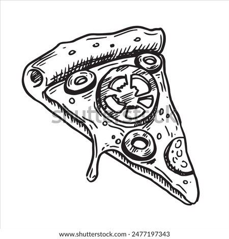 piece of pizza, drawing in sketch style. black and white graphics, engraving