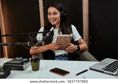 Similar – Image, Stock Photo Positive female radio host in studio