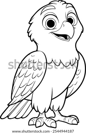 Eagle - Majestic bird with powerful wings, keen watchful eyes, black and white cartoon illustration.