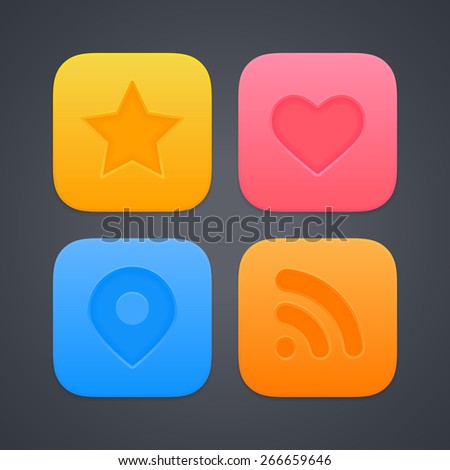 Vector UI icons with pin, star, heart and RSS symbols. Set of rounded square social media buttons