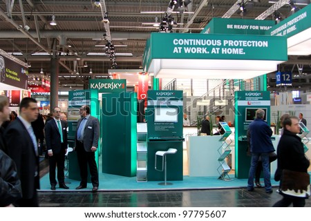 HANNOVER, GERMANY - MARCH 10: stand of Kaspersky Lab on March 10, 2012 in CEBIT computer expo, Hannover, Germany. CeBIT is the world\'s largest computer expo. Kaspersky is a computer security company.