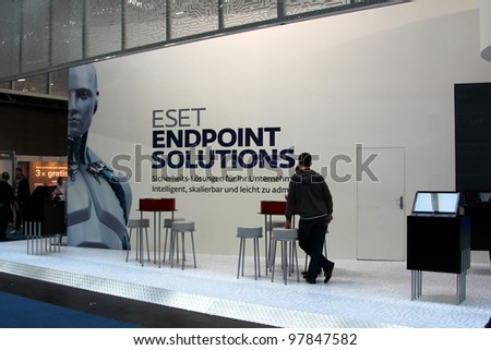 HANNOVER, GERMANY - MARCH 10: stand of Eset on March 10, 2012 in CEBIT computer expo, Hannover, Germany. CeBIT is the world\'s largest computer expo.