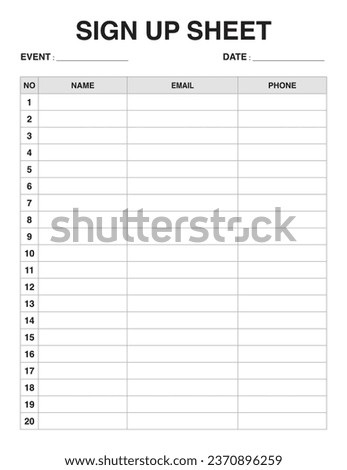 Sign Up Sheet, template for event planning printable