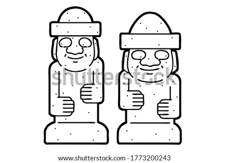 Dol hareubang. Dol hareubang is stone statue of Jeju Island and a representative landmark of Jeju Island. Vector line art illustrations set.