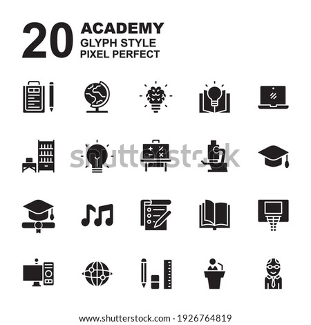 Icon Set of Academy. Glyph black icons vector. Contains such of geography, hat graduation, music, exam, idea, knowledge, microscope, biology, professor, and more. You can use for web, app and more.