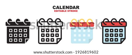 Calendar icon set with different styles. Colored vector icons designed in filled, outline, flat, glyph and line colored. Editable stroke style can be used for web, mobile, ui and more.