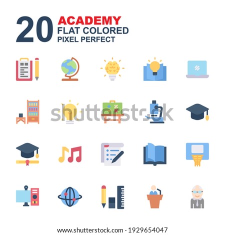 Icon Set of Academy. Flat color icons vector. Contains such of geography, hat graduation, music, exam, idea, knowledge, microscope, biology, professor, and more. You can use for web, app and more.