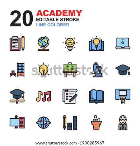 Icon Set of Academy. Line color icons vector. Contains such of geography, hat graduation, music, exam, idea, knowledge, microscope, biology, professor, and more. You can use for web, app and more.