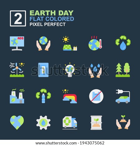 Icon Set of Earth day with Flat color style. Contains such of Eco energy, windmill, love earth, electric car and more. You can be used for web, mobile, ui and more. Editable Stroke and pixel perfect.