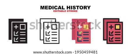 Medical History icon set with different styles. Icons designed in filled, outline, flat, glyph and line colored. Editable stroke and pixel perfect. Can be used for web, mobile, ui and more.