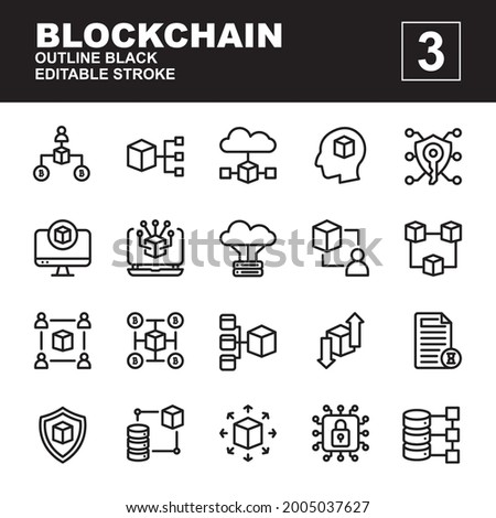 Icon Set of Blockchain. Outline black icons vector. Contains such of database, cloud server, protection, security, site map, transaction and more. You can use for web, app and more. Editable stroke.