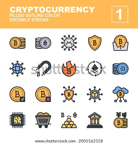 filled line color icon symbol set, cryptocurrency concept, bitcoin, ethereum, monero, protection, receive, dash, digital protection, minecart, cloud, bank, Isolated line vector design, editable stroke
