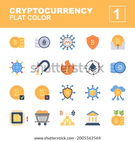 flat color icon symbol set, cryptocurrency concept, bitcoin, ethereum, monero, protection, receive, dash, digital protection, minecart, cloud, bank, Isolated line vector design, editable stroke