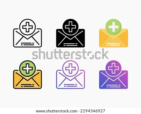 Email Add icon set with line, outline, flat, filled, glyph, color, gradient. Editable stroke and pixel perfect. Can be used for digital product, presentation, print design and more.