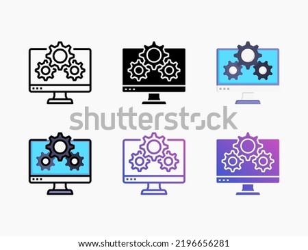 Setting configuration software application computer icon set with line, outline, flat, filled, glyph, color, gradient. Editable stroke and pixel perfect. Collection of Computer Software icons set.