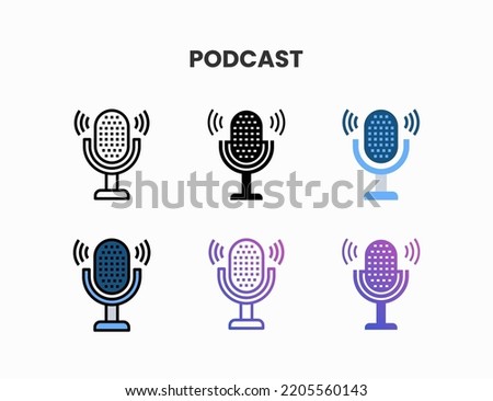 Podcast icon set with line, outline, glyph, filled line, flat color, line gradient and flat gradient. Can be used for digital product, presentation, print design and more.