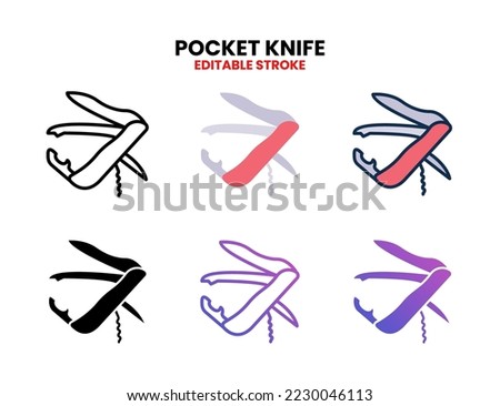 Pocket Knife icon set vector line, outline, glyph, filled line, flat color, line and flat gradient. Editable stroke and pixel perfect. Can used for digital product, presentation, UI and many more.
