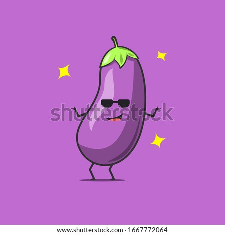 Funny cute eggplant character. Vector flat eggplant cartoon character with sunglasses. Isolated on purple background. Eggplant fruit concept
