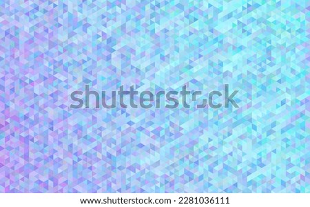 Geometric pixelated mosaic of triangles in a hexagonal Deltille grid arrangement, colored with an iridescent gradient from light purple to cyan blue, with some randomisation. Creative coding design.