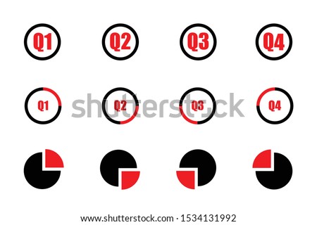 Quarterly icon set red and black showind first quarter second quarter third quarte and fourth quarter on three different designs isolated on white background