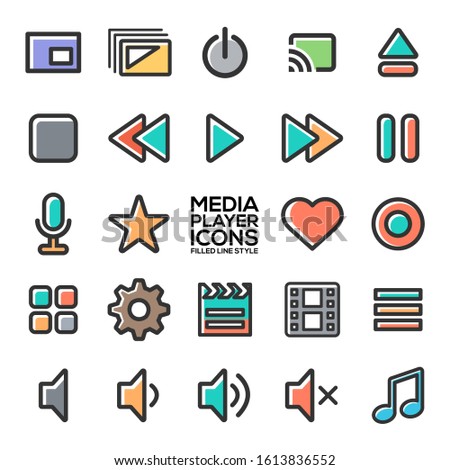 Media player icons in filled line style for designers in the design of all kinds of works. Beautiful and modern icon which can be used in many purposes Eps10 vector.