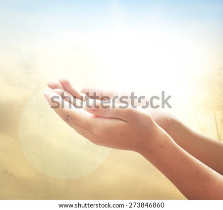 Human open empty hands with palms up, over blurred nature background.