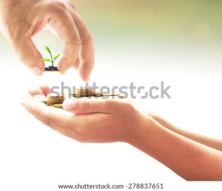 Human hand adding a golden coin and young plant in golden coins on another hands over blurred sunset background. Money coin concept.