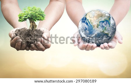 First, human hands holding medium plant or big tree. Second, human hands holding planet over blurred nature background. Ecology concept. Elements of this image furnished by NASA.