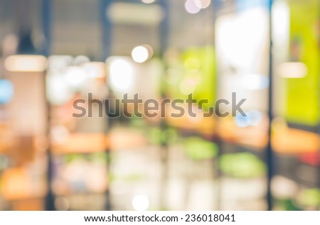 Coffee shop blur background with bokeh image .