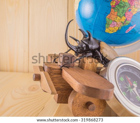 image of five horn beetle and wooden plane on  pine wood table background.(selective focus on beetle)