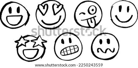 Emojis, different expressions. Vector faces. Afraid, confused, gleeful, happy, star-eyed, in love, crazy, tongue out. Blinking eyes. Hand drawing with marker pen. Brush, isolated on white background.